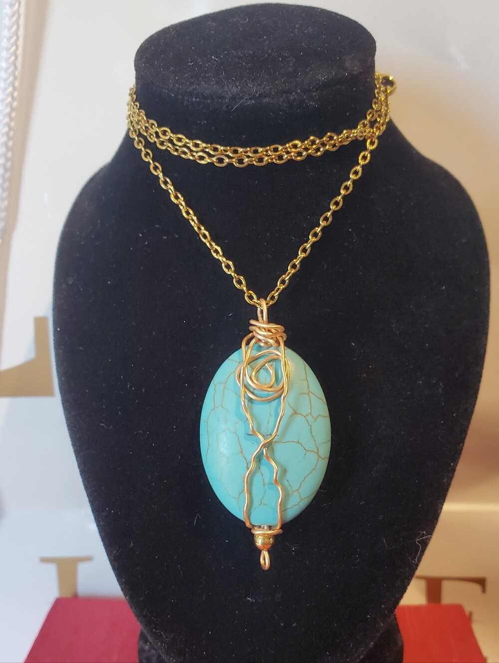 Gold Wire-Wrapped Magnesite Large Pendant Necklace